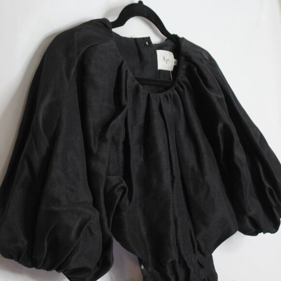 Aje Psychedelia Puff Sleeve Cut Out Mini Dress Tie Back Black Size Medium/8 - Picture 7 of 16